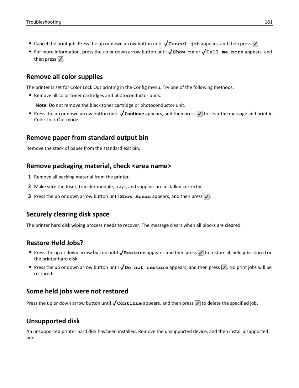 Remove all color supplies, Remove paper from standard output bin, Remove packaging material, check <area name | Securely clearing disk space, Restore held jobs, Some held jobs were not restored, Unsupported disk | Lexmark 410 User Manual | Page 161 / 213