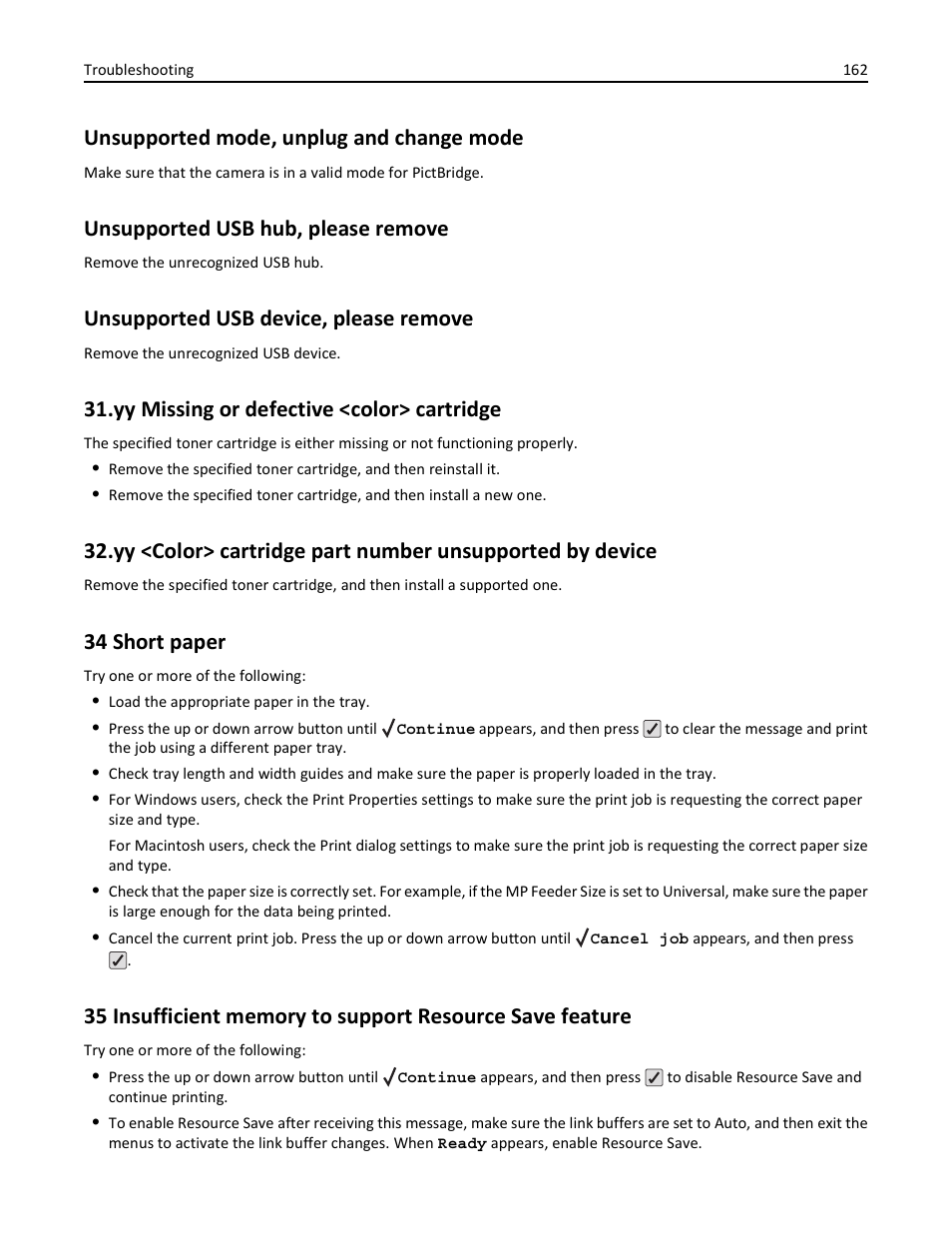 Unsupported mode, unplug and change mode, Unsupported usb hub, please remove, Unsupported usb device, please remove | Yy missing or defective <color> cartridge, 34 short paper | Lexmark 410 User Manual | Page 162 / 213