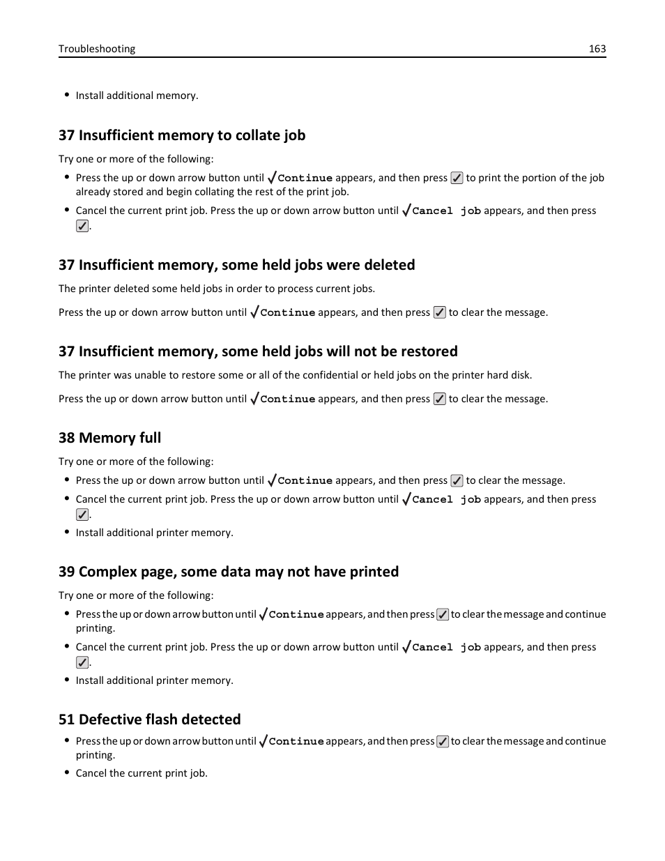 37 insufficient memory to collate job, 38 memory full, 51 defective flash detected | 39 complex page, some data may not have printed | Lexmark 410 User Manual | Page 163 / 213