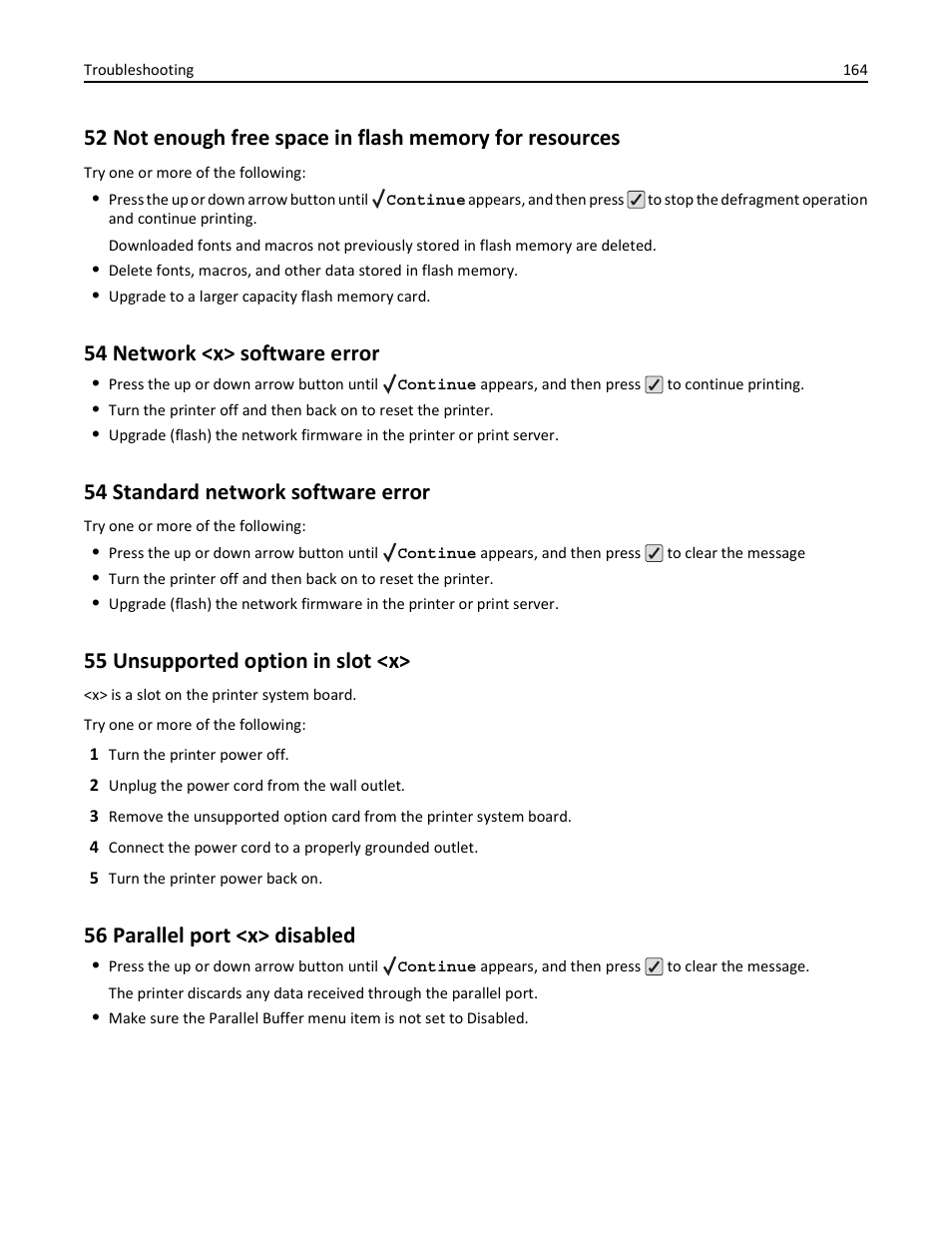 54 network <x> software error, 54 standard network software error, 55 unsupported option in slot <x | 56 parallel port <x> disabled | Lexmark 410 User Manual | Page 164 / 213