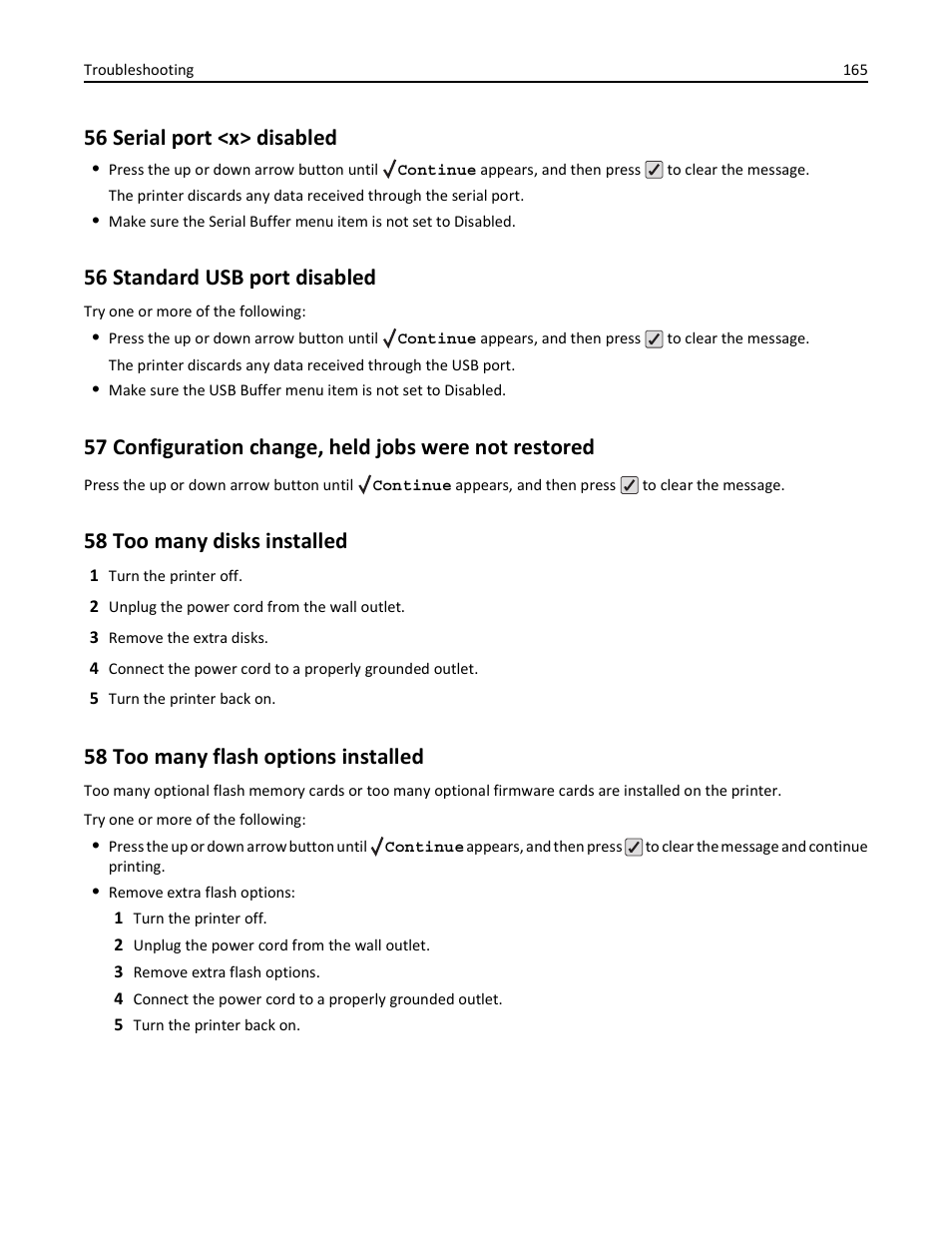 56 serial port <x> disabled, 56 standard usb port disabled, 58 too many disks installed | 58 too many flash options installed | Lexmark 410 User Manual | Page 165 / 213