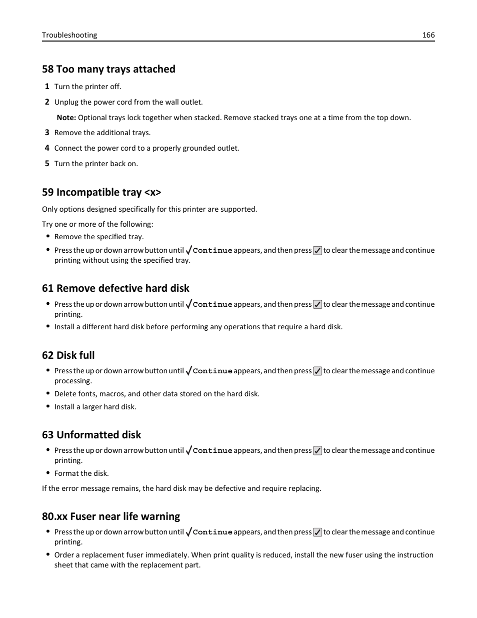 58 too many trays attached, 59 incompatible tray <x, 61 remove defective hard disk | 62 disk full, 63 unformatted disk, Xx fuser near life warning | Lexmark 410 User Manual | Page 166 / 213