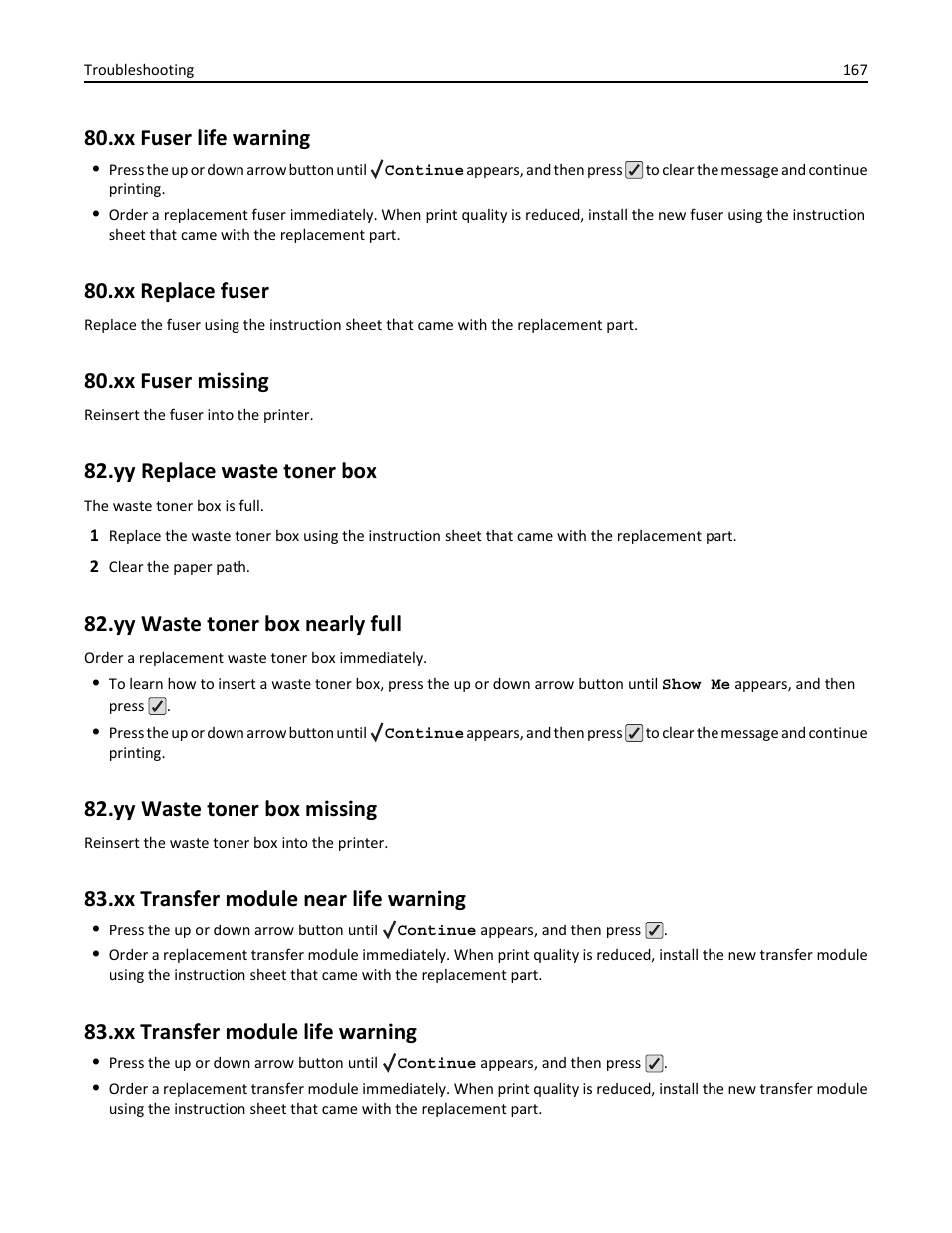 Xx fuser life warning, Xx replace fuser, Xx fuser missing | Yy replace waste toner box, Yy waste toner box nearly full, Yy waste toner box missing, Xx transfer module near life warning, Xx transfer module life warning | Lexmark 410 User Manual | Page 167 / 213