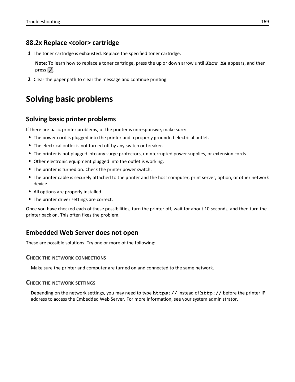 2x replace <color> cartridge, Solving basic problems, Solving basic printer problems | Embedded web server does not open, Check the network connections, Check the network settings | Lexmark 410 User Manual | Page 169 / 213