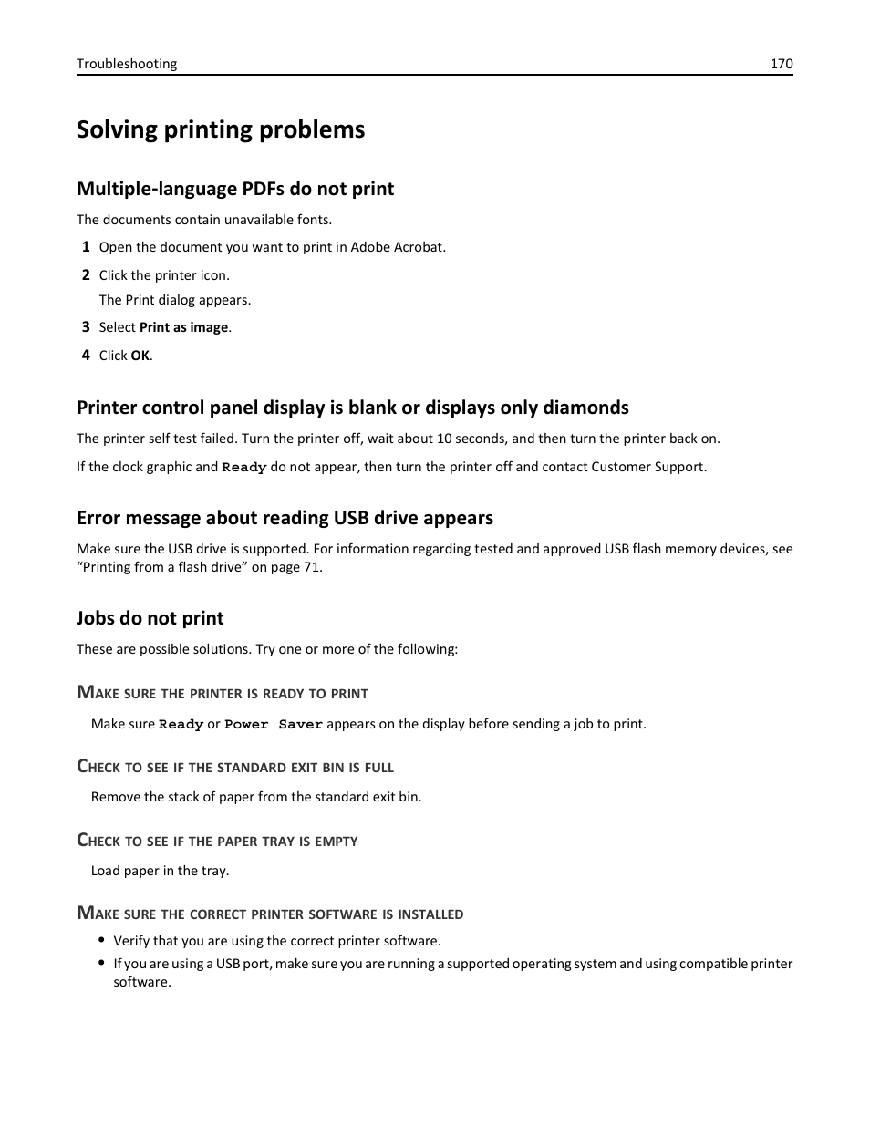 Solving printing problems, Multiple-language pdfs do not print, Error message about reading usb drive appears | Jobs do not print, Make sure the printer is ready to print, Check to see if the standard exit bin is full, Check to see if the paper tray is empty, Multiple ‑ language pdfs do not print | Lexmark 410 User Manual | Page 170 / 213