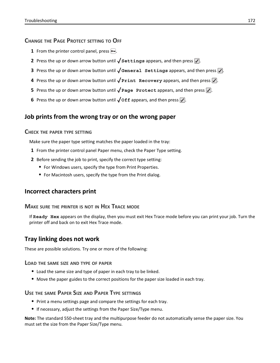 Check the paper type setting, Incorrect characters print, Make sure the printer is not in hex trace mode | Tray linking does not work, Load the same size and type of paper, Use the same paper size and paper type settings, Incorrect characters print m | Lexmark 410 User Manual | Page 172 / 213