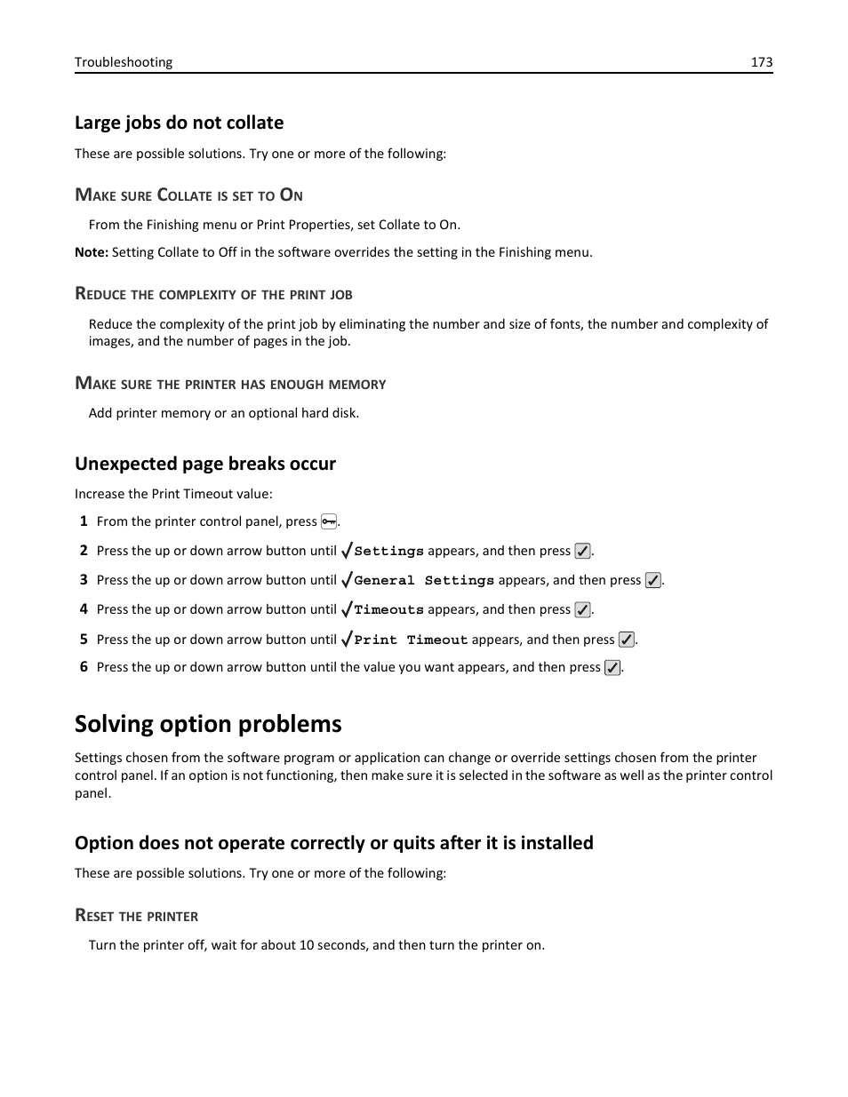 Large jobs do not collate, Make sure collate is set to on, Reduce the complexity of the print job | Make sure the printer has enough memory, Solving option problems, Reset the printer, Unexpected page breaks occur | Lexmark 410 User Manual | Page 173 / 213