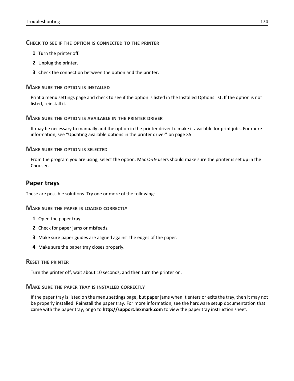 Make sure the option is installed, Make sure the option is selected, Paper trays | Make sure the paper is loaded correctly, Reset the printer, Make sure the paper tray is installed correctly | Lexmark 410 User Manual | Page 174 / 213