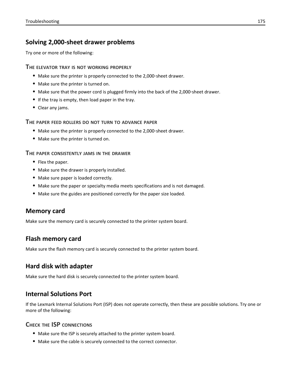 Solving 2,000-sheet drawer problems, The elevator tray is not working properly, The paper consistently jams in the drawer | Memory card, Flash memory card, Hard disk with adapter, Internal solutions port, Check the isp connections | Lexmark 410 User Manual | Page 175 / 213