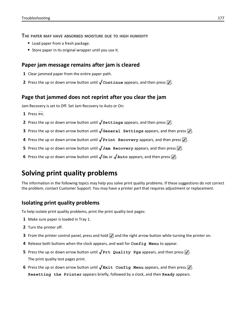 Paper jam message remains after jam is cleared, Solving print quality problems, Isolating print quality problems | Lexmark 410 User Manual | Page 177 / 213