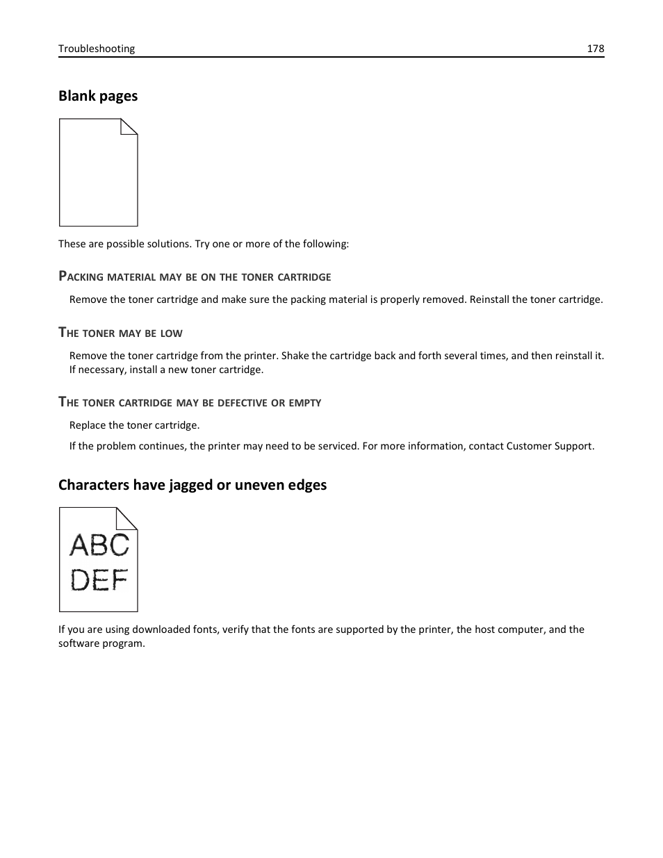 Packing material may be on the toner cartridge, The toner may be low, The toner cartridge may be defective or empty | Characters have jagged or uneven edges, Blank pages | Lexmark 410 User Manual | Page 178 / 213