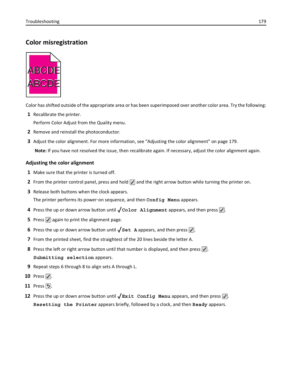 Color misregistration, Abcde | Lexmark 410 User Manual | Page 179 / 213