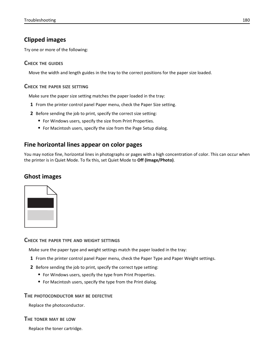 Clipped images, Check the guides, Check the paper size setting | Ghost images, Check the paper type and weight settings, The photoconductor may be defective, The toner may be low, Fine horizontal lines appear on color pages, Ghost images c | Lexmark 410 User Manual | Page 180 / 213