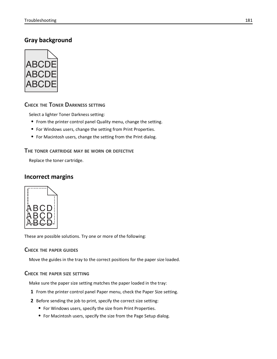 Gray background, Check the toner darkness setting, The toner cartridge may be worn or defective | Incorrect margins, Check the paper guides, Check the paper size setting, Abcde, A b c d | Lexmark 410 User Manual | Page 181 / 213