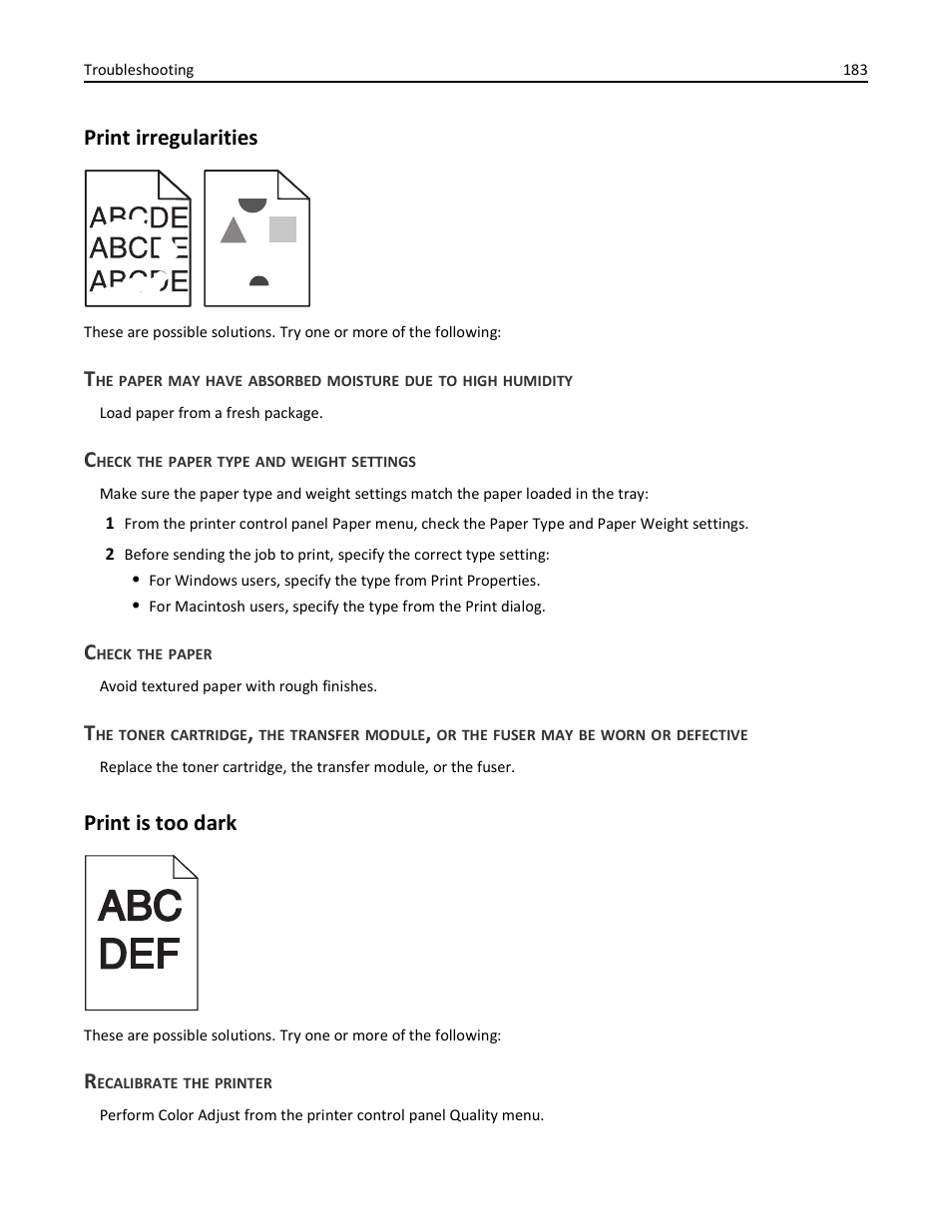 Print irregularities, Check the paper type and weight settings, Check the paper | Print is too dark, Recalibrate the printer | Lexmark 410 User Manual | Page 183 / 213