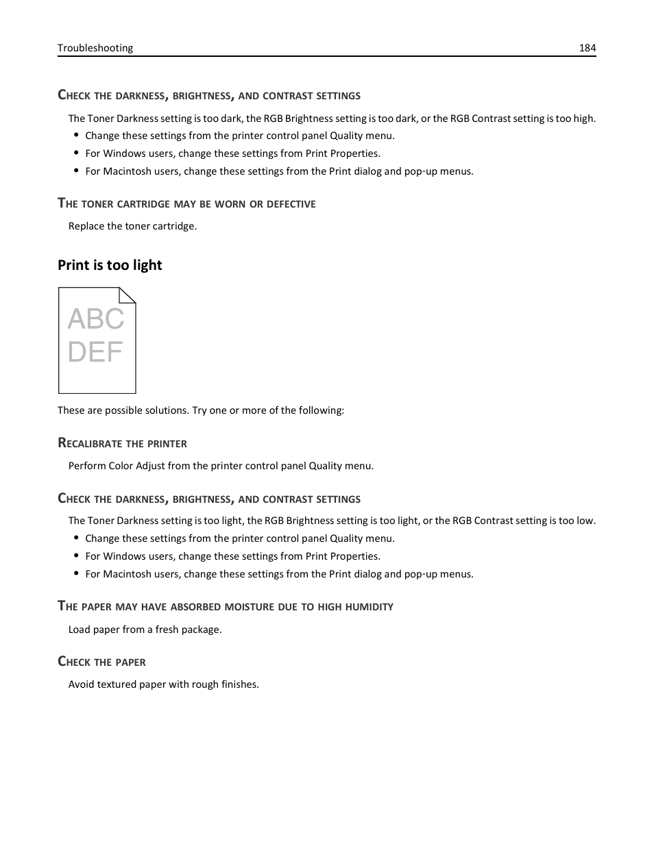 The toner cartridge may be worn or defective, Print is too light, Recalibrate the printer | Check the paper | Lexmark 410 User Manual | Page 184 / 213