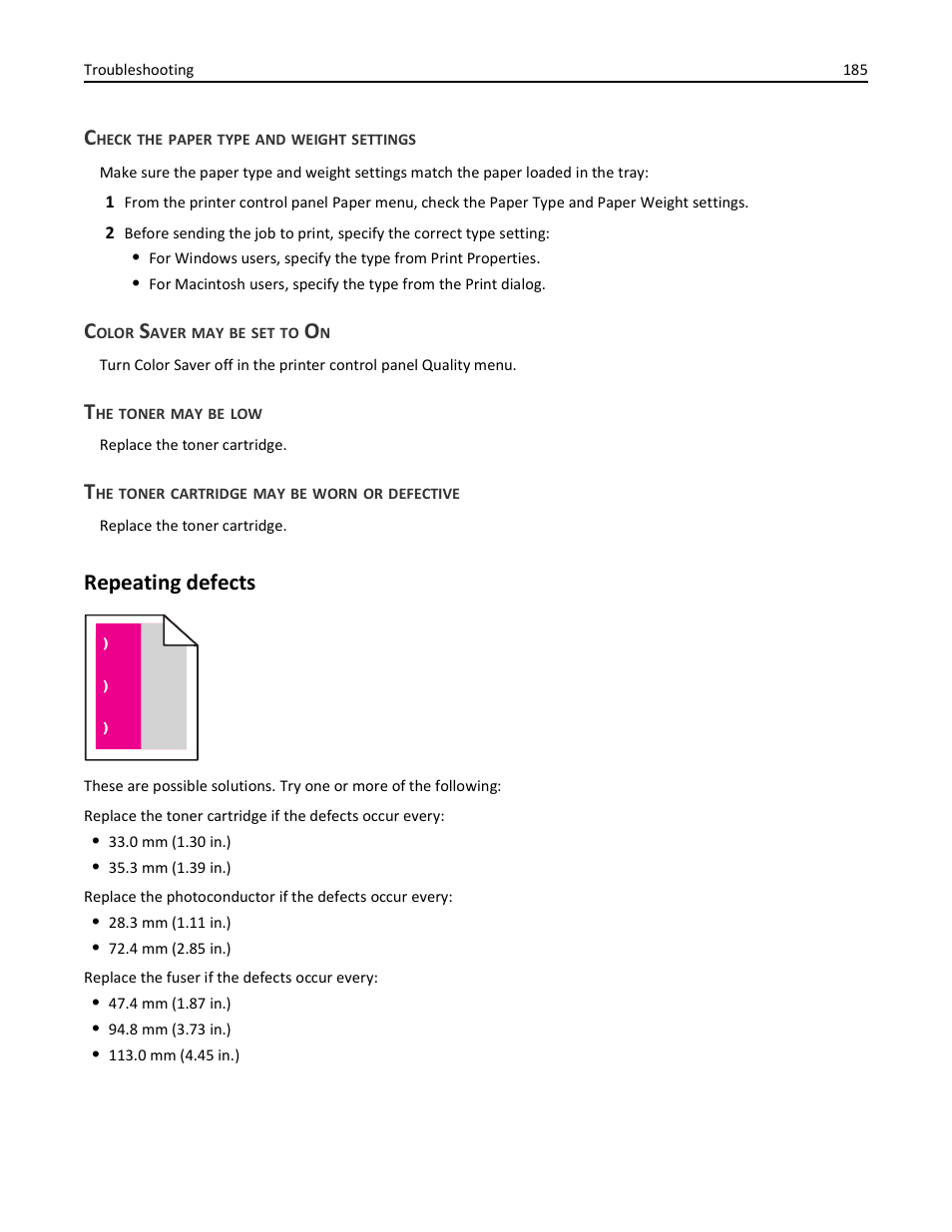 Check the paper type and weight settings, Color saver may be set to on, The toner may be low | The toner cartridge may be worn or defective, Repeating defects | Lexmark 410 User Manual | Page 185 / 213