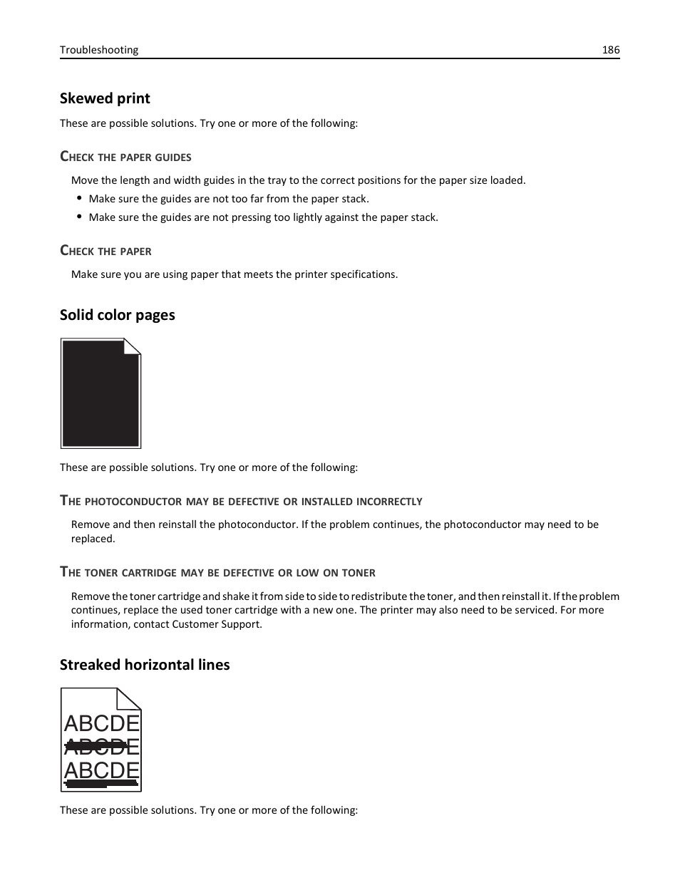 Skewed print, Check the paper guides, Check the paper | Streaked horizontal lines, Abcde abcde abcde, Solid color pages | Lexmark 410 User Manual | Page 186 / 213