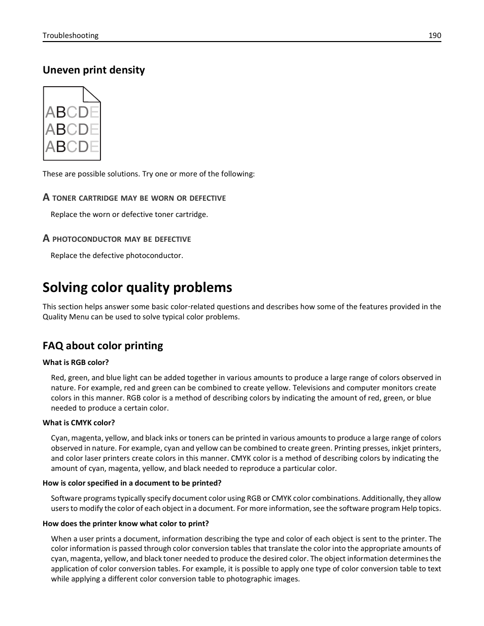 Uneven print density, A toner cartridge may be worn or defective, A photoconductor may be defective | Solving color quality problems, Faq about color printing | Lexmark 410 User Manual | Page 190 / 213