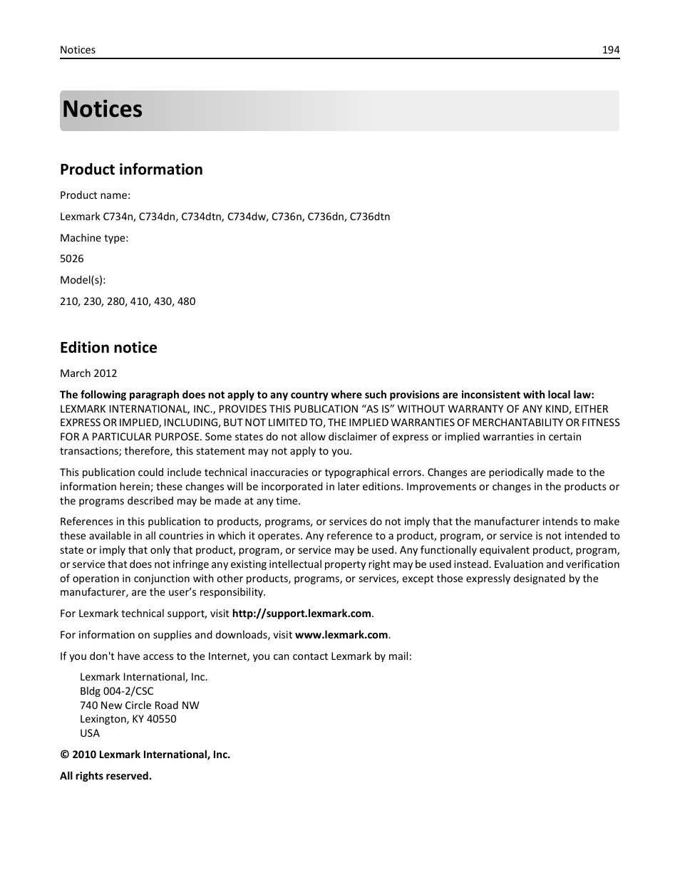 Notices, Product information, Edition notice | Lexmark 410 User Manual | Page 194 / 213