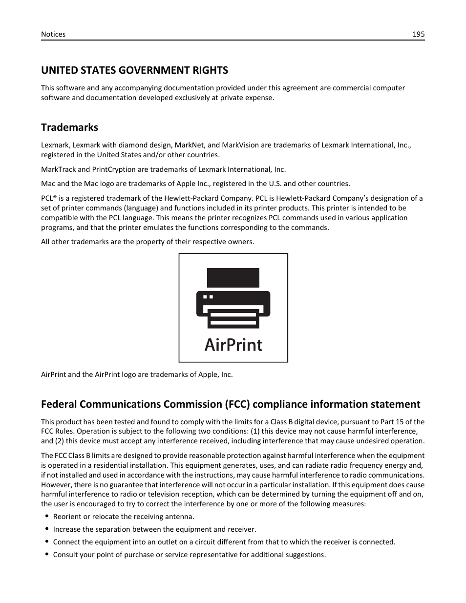 United states government rights, Trademarks | Lexmark 410 User Manual | Page 195 / 213