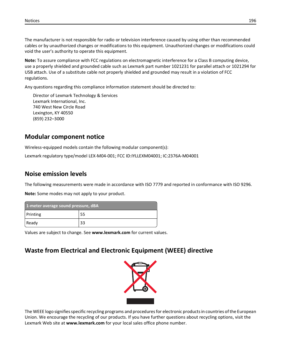 Modular component notice, Noise emission levels | Lexmark 410 User Manual | Page 196 / 213