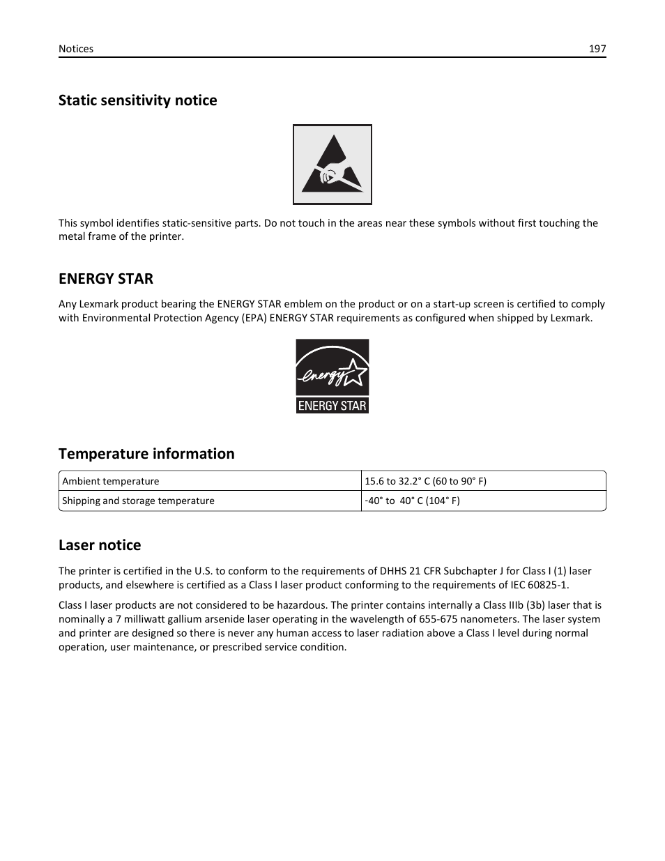 Static sensitivity notice, Energy star, Temperature information | Laser notice | Lexmark 410 User Manual | Page 197 / 213