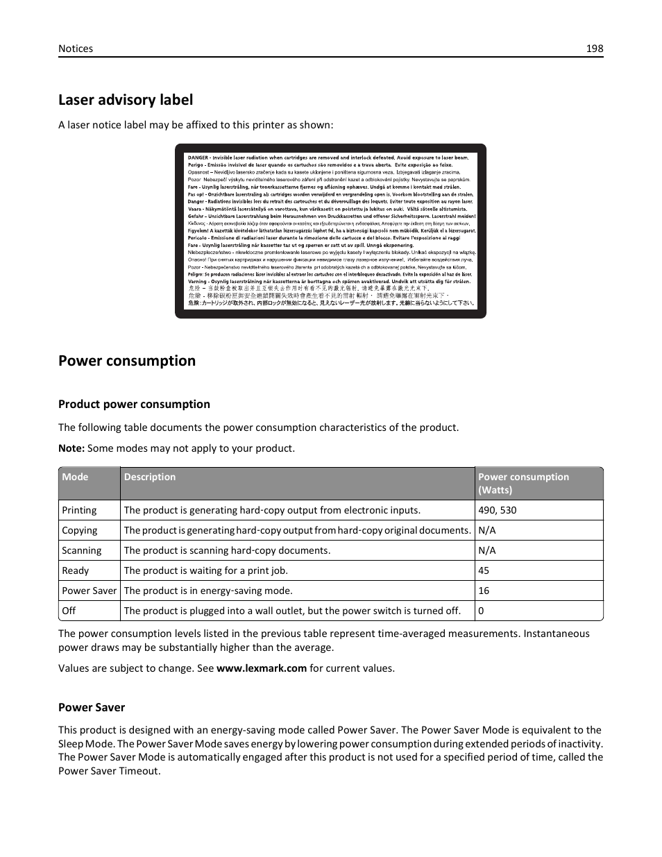 Laser advisory label, Power consumption, Product power consumption | Power saver | Lexmark 410 User Manual | Page 198 / 213