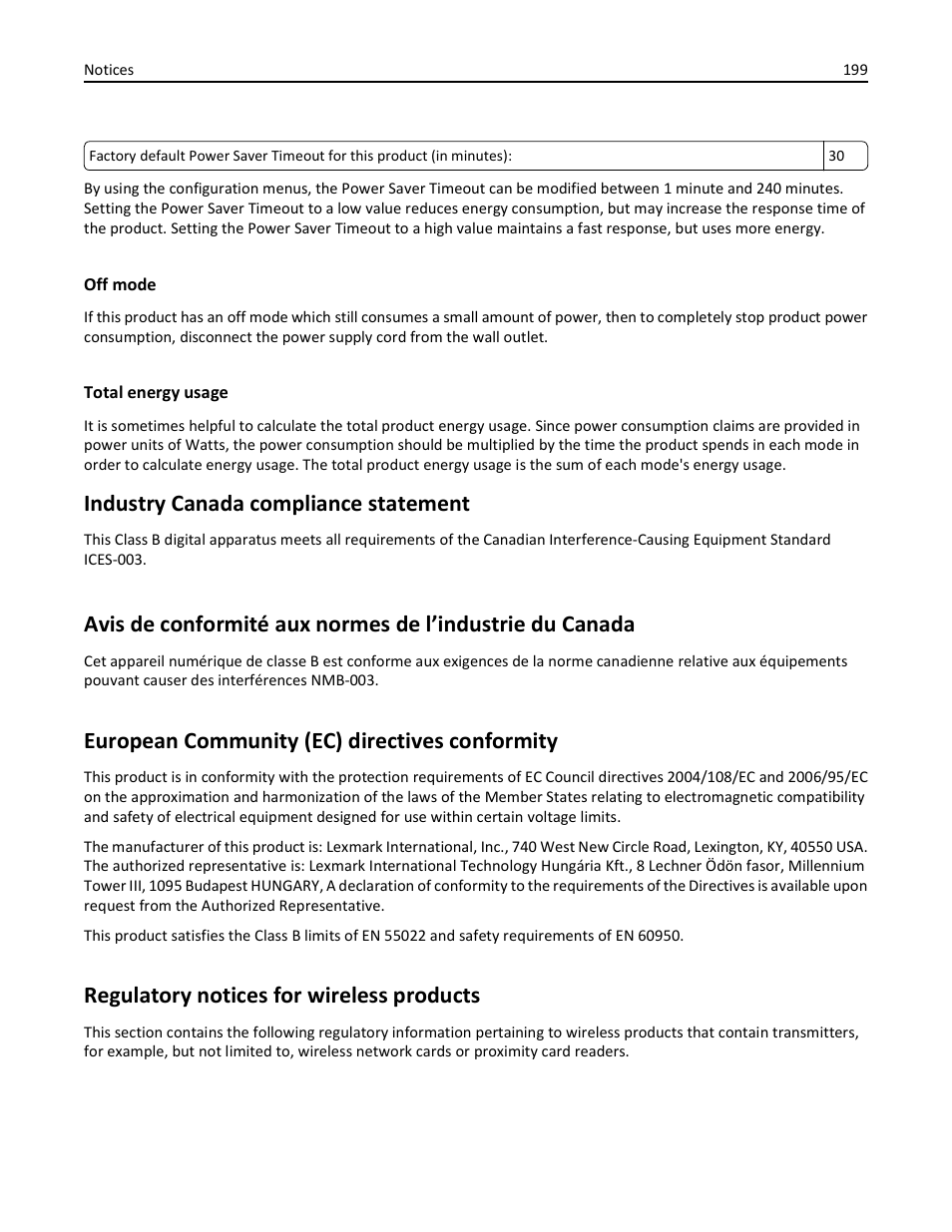 Off mode, Total energy usage, European community (ec) directives conformity | Regulatory notices for wireless products, Industry canada compliance statement | Lexmark 410 User Manual | Page 199 / 213