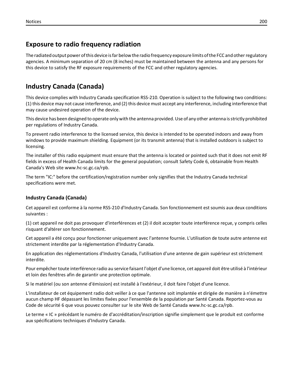 Exposure to radio frequency radiation, Industry canada (canada) | Lexmark 410 User Manual | Page 200 / 213