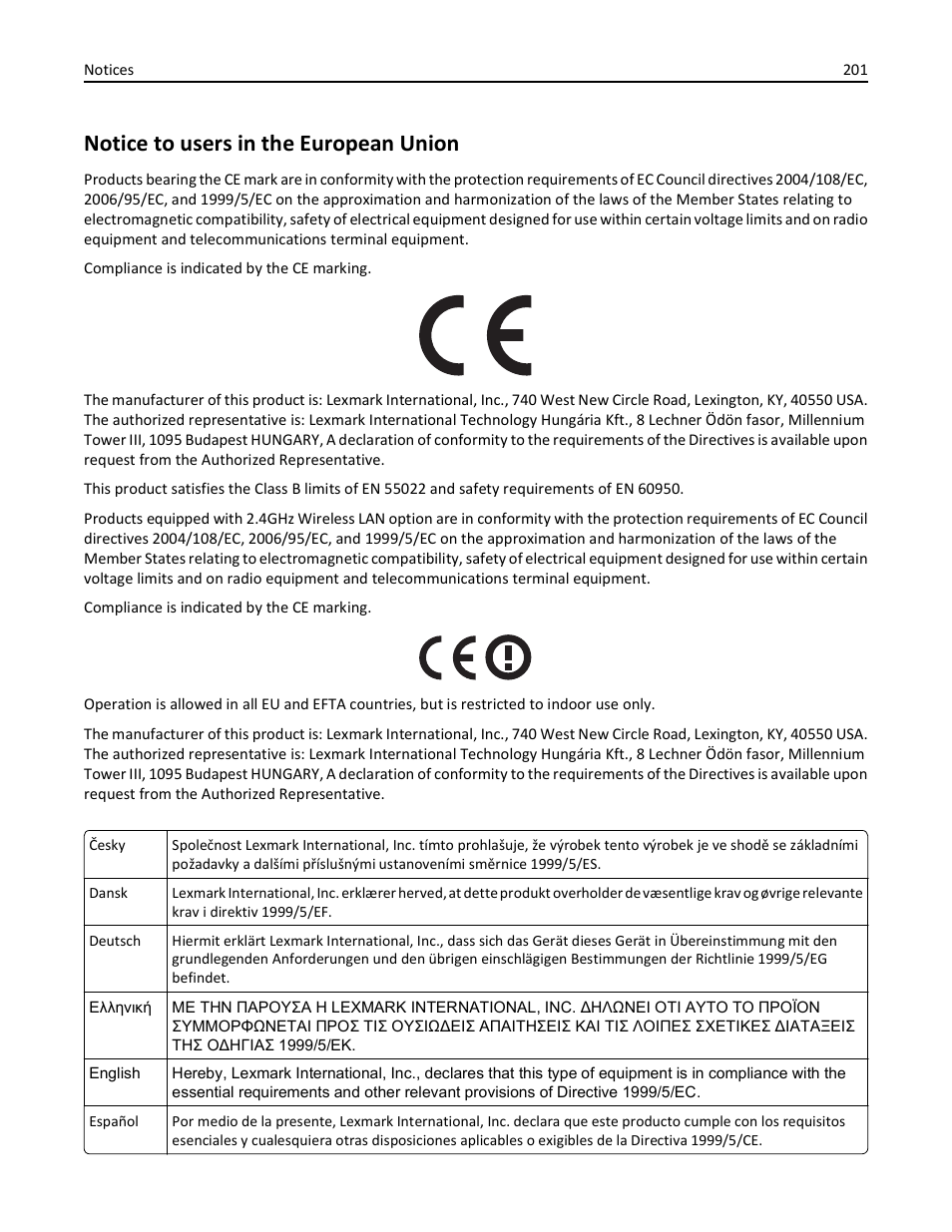 Notice to users in the european union | Lexmark 410 User Manual | Page 201 / 213