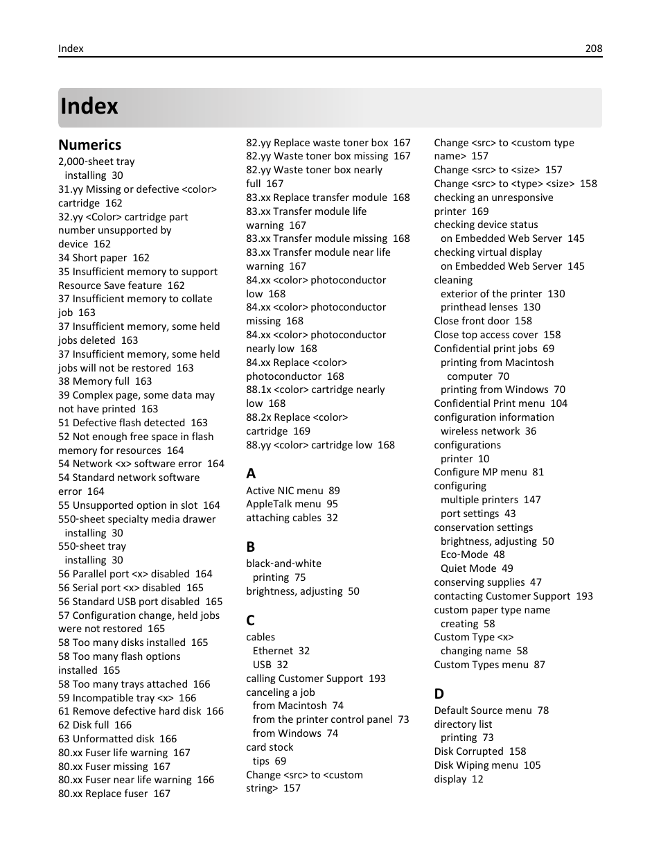 Index, Numerics | Lexmark 410 User Manual | Page 208 / 213