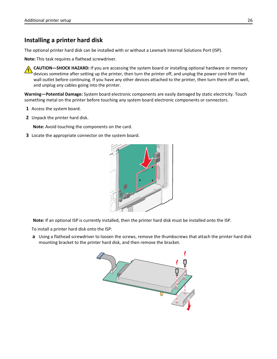 Installing a printer hard disk | Lexmark 410 User Manual | Page 26 / 213