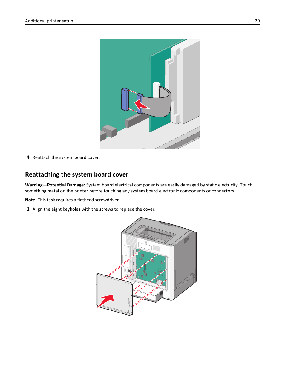 Reattaching the system board cover | Lexmark 410 User Manual | Page 29 / 213