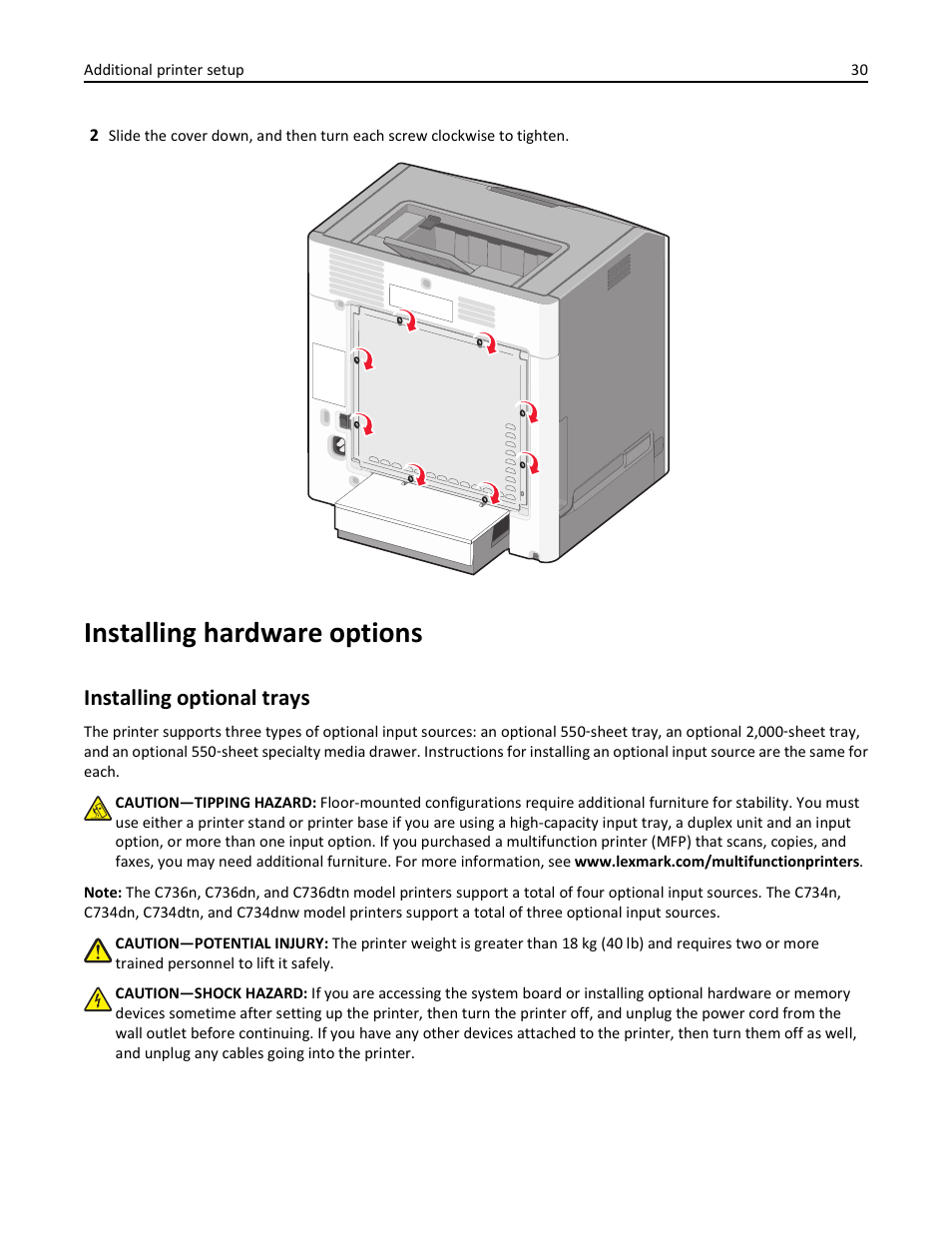 Installing hardware options, Installing optional trays | Lexmark 410 User Manual | Page 30 / 213