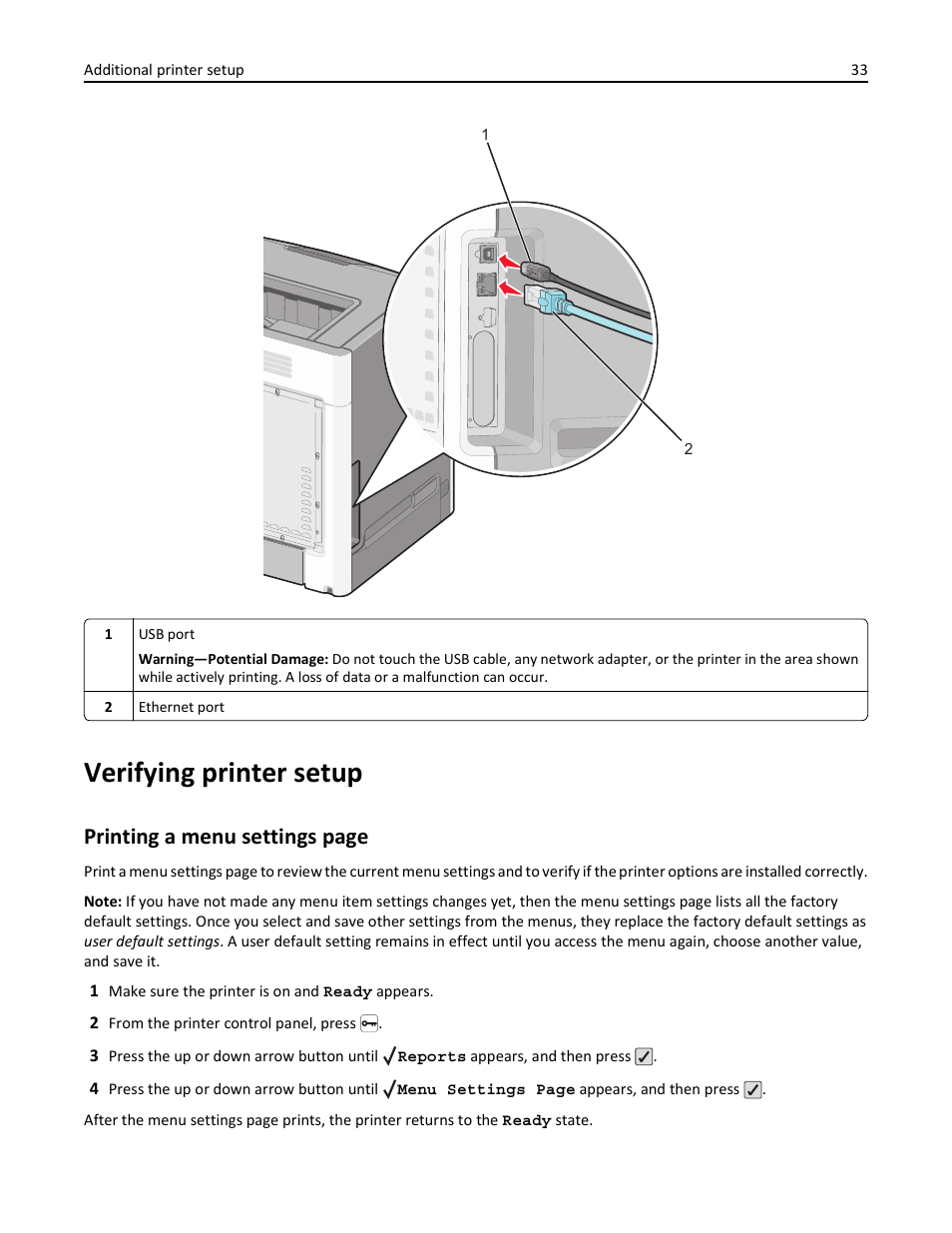 Verifying printer setup, Printing a menu settings page | Lexmark 410 User Manual | Page 33 / 213