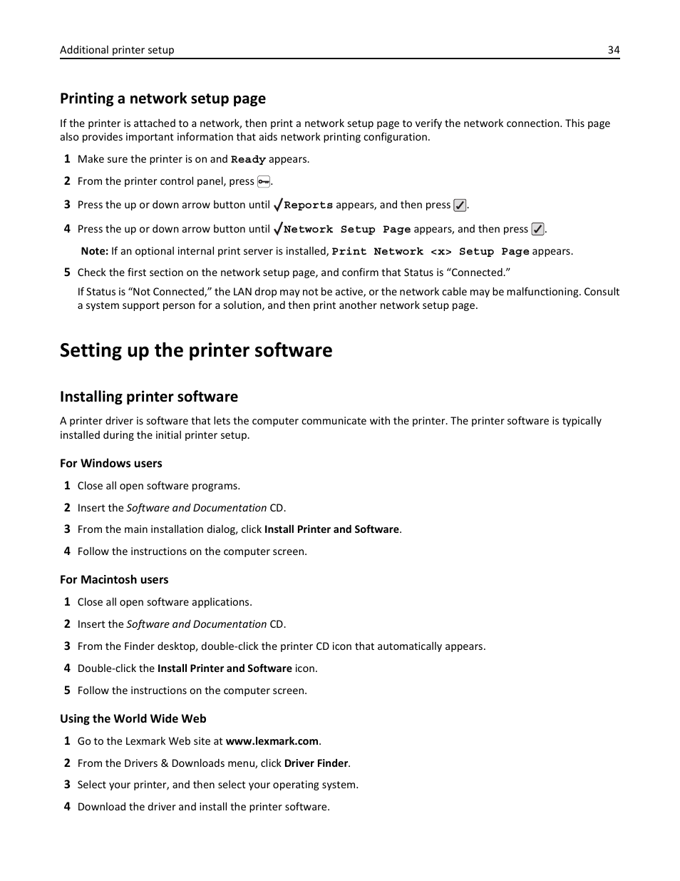 Setting up the printer software, Installing printer software, Printing a network setup page | Lexmark 410 User Manual | Page 34 / 213