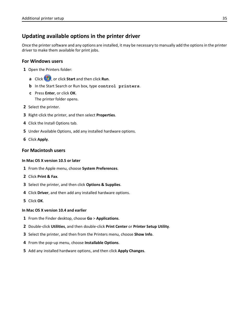 Updating available options in the printer driver | Lexmark 410 User Manual | Page 35 / 213