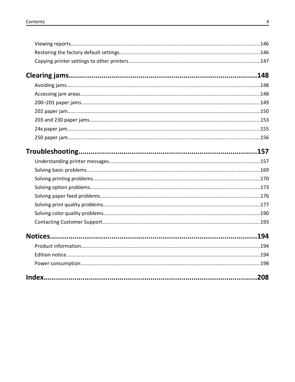 Clearing jams, Troubleshooting, Notices | Index | Lexmark 410 User Manual | Page 4 / 213