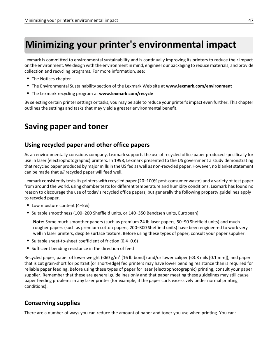 Minimizing your printer's environmental impact, Saving paper and toner, Using recycled paper and other office papers | Conserving supplies | Lexmark 410 User Manual | Page 47 / 213