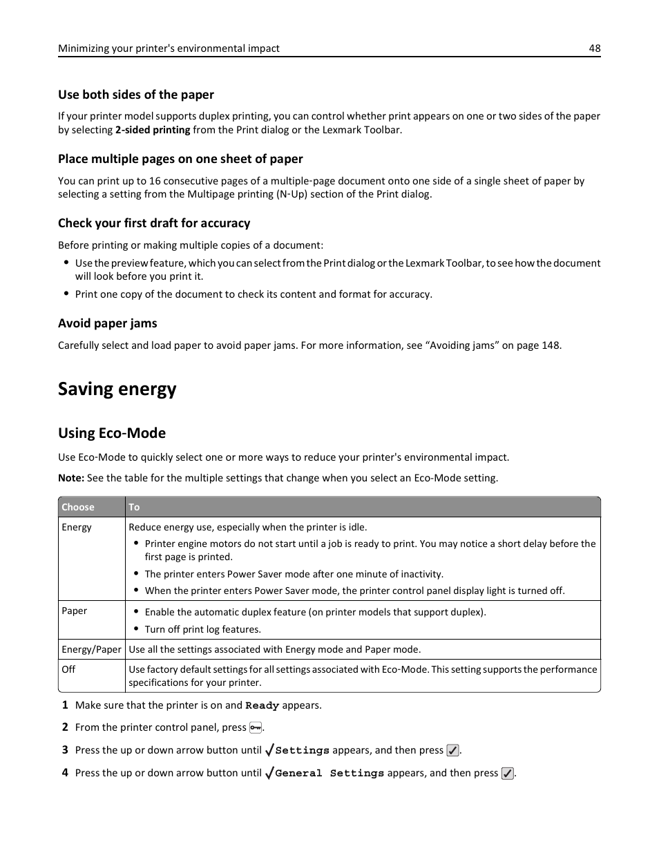 Saving energy, Using eco-mode, Using eco ‑ mode | Lexmark 410 User Manual | Page 48 / 213