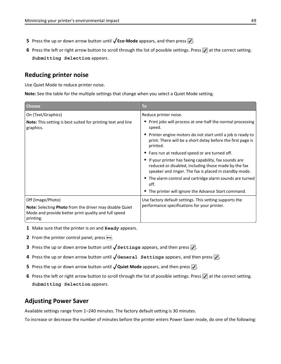 Reducing printer noise, Adjusting power saver | Lexmark 410 User Manual | Page 49 / 213