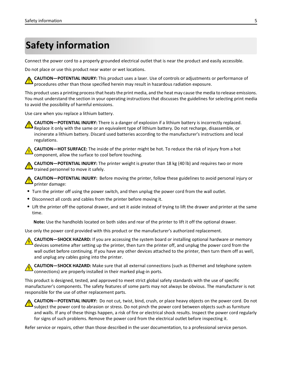 Safety information | Lexmark 410 User Manual | Page 5 / 213