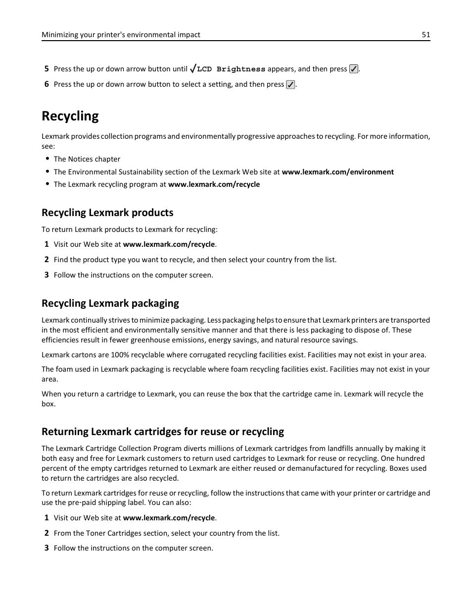 Recycling, Recycling lexmark products, Recycling lexmark packaging | Lexmark 410 User Manual | Page 51 / 213