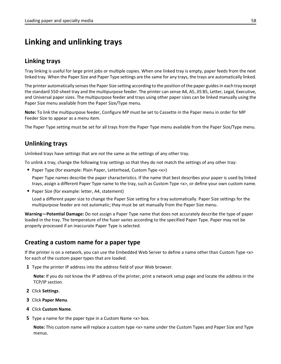 Linking and unlinking trays, Linking trays, Unlinking trays | Creating a custom name for a paper type | Lexmark 410 User Manual | Page 58 / 213