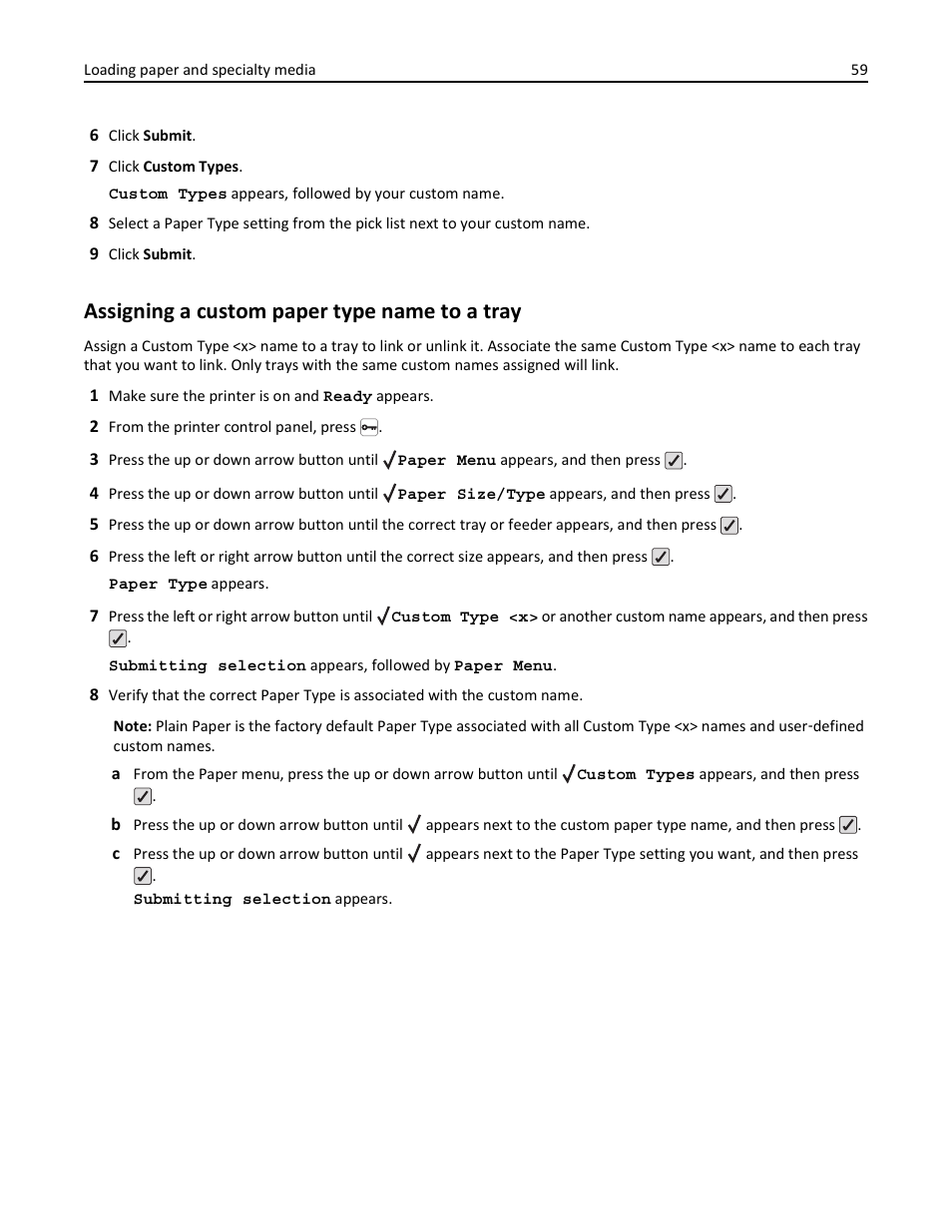 Assigning a custom paper type name to a tray | Lexmark 410 User Manual | Page 59 / 213