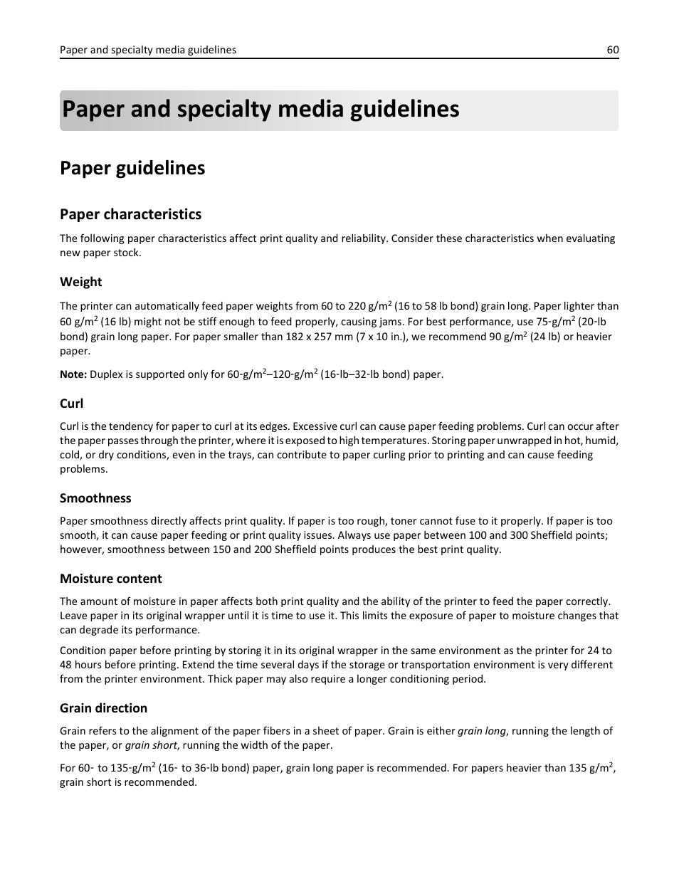 Paper and specialty media guidelines, Paper guidelines, Paper characteristics | Lexmark 410 User Manual | Page 60 / 213