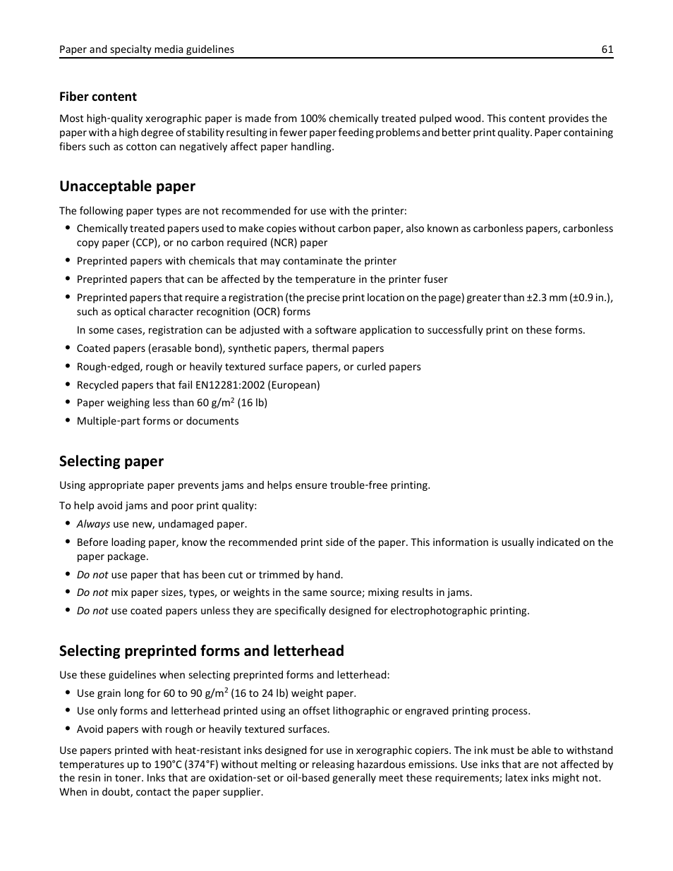 Unacceptable paper, Selecting paper, Selecting preprinted forms and letterhead | Lexmark 410 User Manual | Page 61 / 213