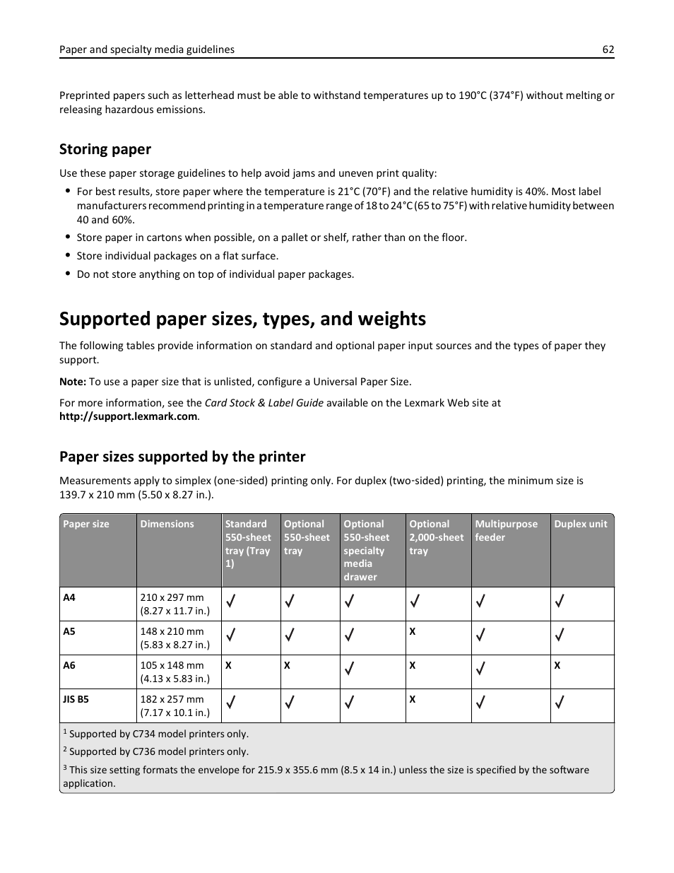 Storing paper, Supported paper sizes, types, and weights, Paper sizes supported by the printer | Lexmark 410 User Manual | Page 62 / 213