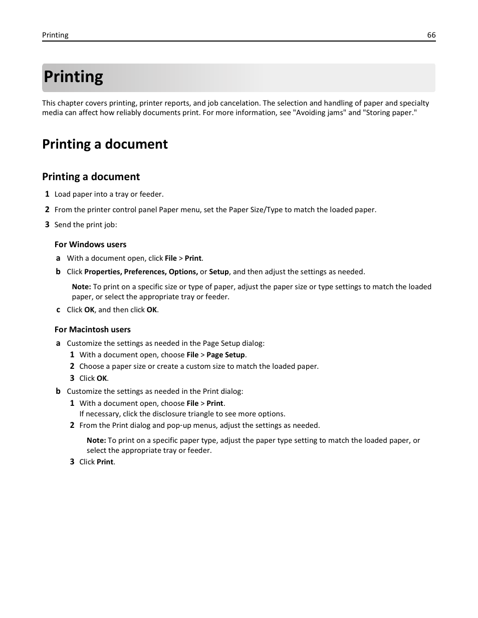 Printing, Printing a document | Lexmark 410 User Manual | Page 66 / 213